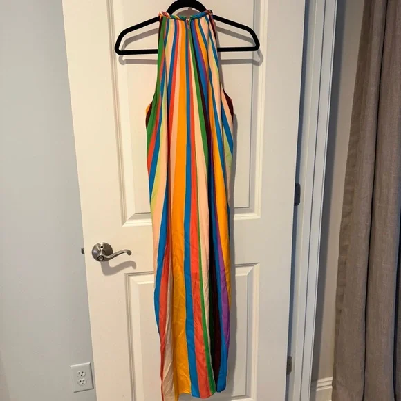 Marie Oliver Elena Striped Silk Halter Multi Colored Midi Dress | S - Picture 6 of 7